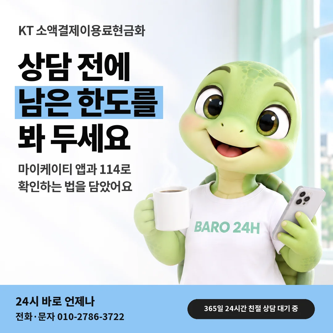 BARO 24H 티셔츠를 입은 3D 거북이 캐릭터 옆에 「KT 앱에서 한도 확인하기」 제목을 얹은 안내 카드