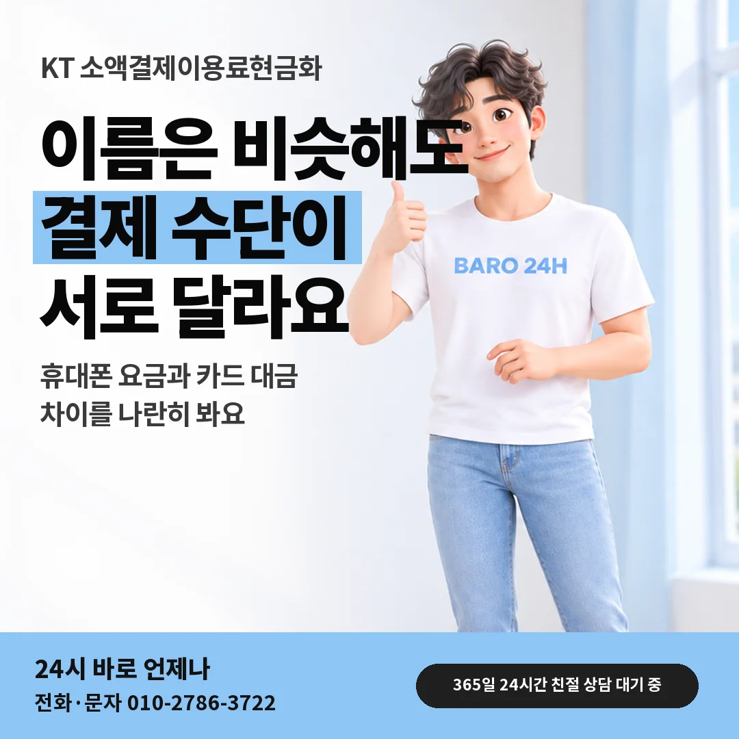 휴대폰을 보며 웃는 BARO 24H 티셔츠를 입은 3D 인물 옆에 「KT 카드깡과 차이 보기」 제목을 얹은 안내 카드