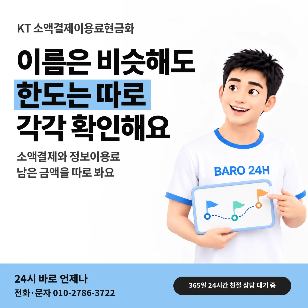 BARO 24H 티셔츠를 입은 3D 인물 옆에 「KT 두 한도 따로 보기」 제목을 얹은 안내 카드