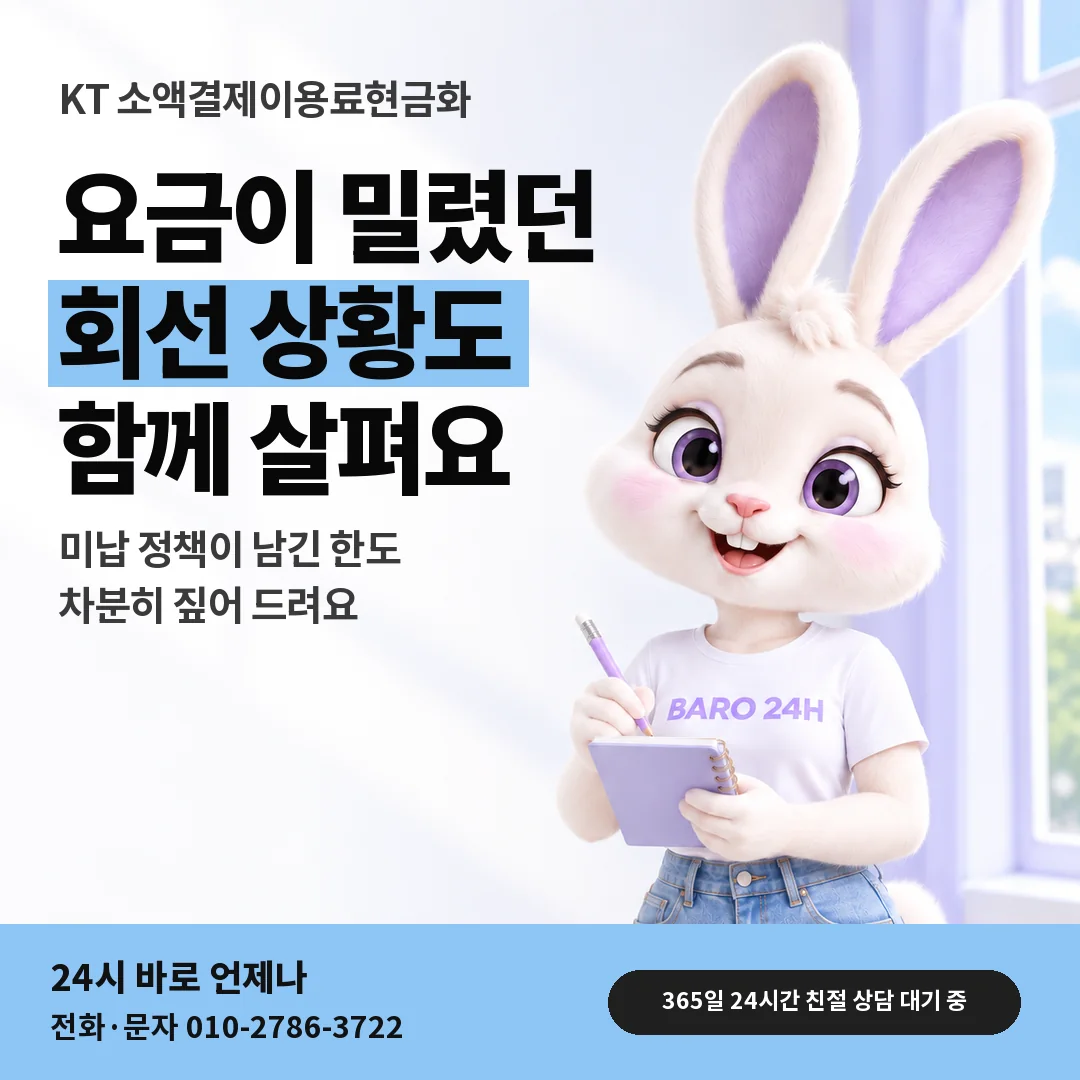 BARO 24H 티셔츠를 입은 3D 토끼 캐릭터 옆에 「KT 미납 정책 짚기」 제목을 얹은 안내 카드